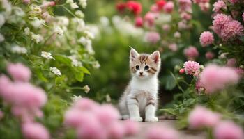 ai generado un gatito es en pie en un jardín rodeado por flores foto