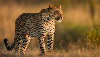 AI generated a leopard is walking through the grass in the morning photo