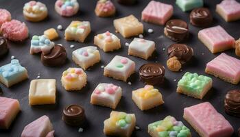 AI generated a variety of different types of sweets on a black surface photo