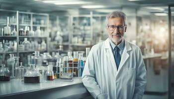 ai generado un hombre en un laboratorio Saco en pie en frente de un laboratorio mesa foto