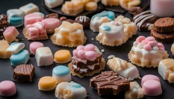 AI generated assorted chocolates and candies on a black background photo