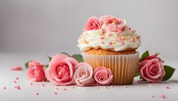 AI generated cupcake with pink roses on a white background photo