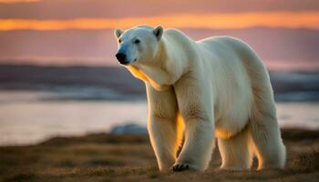 ai generado un polar oso caminando en el puesta de sol foto