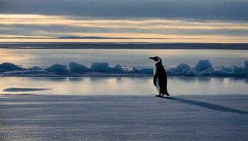 ai generado un pingüino en pie en el hielo en el medio de el Oceano foto