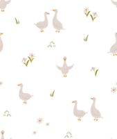 Seamless minimal pattern with goose and simple daisy flowers. Domestic geese and chamomile background in scandinavian style. Scandi repeating texture for wrapping paper, fabric, wallpaper. png