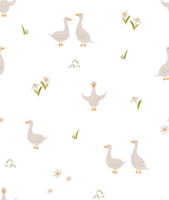 Seamless minimal pattern with goose and simple daisy flowers. Domestic geese and chamomile background in scandinavian style. Scandi repeating texture for wrapping paper, fabric, wallpaper. png