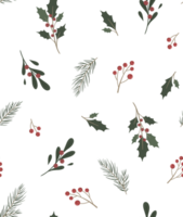 Seamless pattern of simple botanical elements in scandinavian style. Twig of conifers evergreen tree, ilex, red berries. Hand drawn Stylized repeated background. Endless print for wallpapers, fabric png