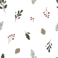 Seamless pattern of simple botanical elements in scandinavian style. Twig of conifers evergreen tree, pine,cone, ilex, red berries. Hand drawn Stylized repeated background. Endless print for png