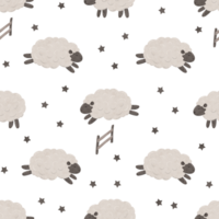 Seamless pattern with Cute cartoon baby Sheep jumping over the fence. Good night. Counting sheep for insomnia. Endless background in scandinavian style with magical stars. Digital illustration for png