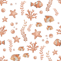Seamless pattern of Anemonefish or Clownfish in orange, black and white color and starfish, marine coral, seaweed algae. Hand drawn watercolor background of sea fish for nursery, wallpaper, textile png