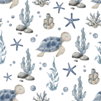 Marine seamless pattern sea animals, plants, seashell, starfish, marine corals, seaweed algae. Hand drawn watercolor background of sea fish for nursery, wallpaper, textile png