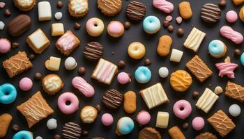 AI generated many different types of cookies and pastries on a black background photo