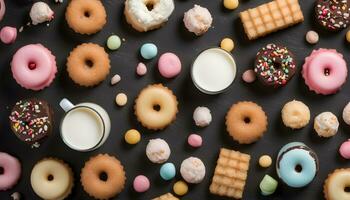 AI generated various donuts and milk on a black background photo