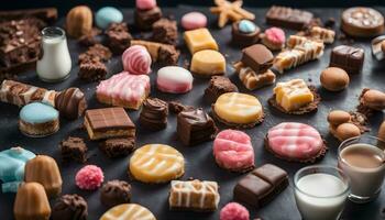 AI generated assortment of chocolates and sweets on a dark background photo
