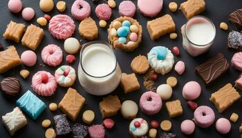 AI generated various types of sweets and milk on a black background photo