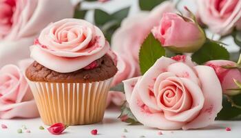 ai generado magdalena con rosado rosas en blanco antecedentes foto