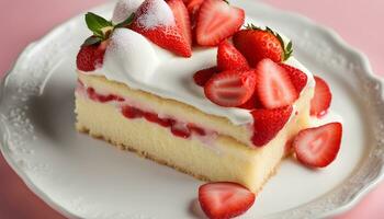 ai generado un pedazo de pastel con fresas en parte superior foto