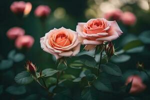 AI generated two pink roses are growing in the dark photo