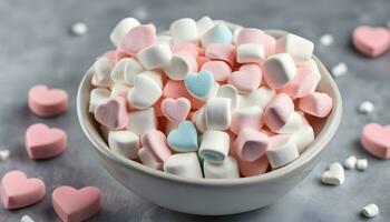 AI generated a bowl of marshmallows with hearts in them photo