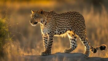 AI generated a leopard walking across a field at sunset photo