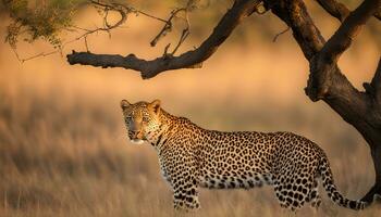 AI generated a leopard is standing in the grass near a tree photo