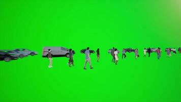 3D animation of people walking along the streets of London Europe America to visualize the visual effects of the chroma key green screen video