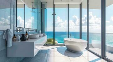 ai generado lujo moderno baño interior en Oceano condominio con costoso diseño y escénico ver foto