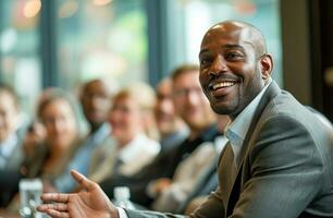 AI generated Confident successful black business manager executive explains business and success strategy photo