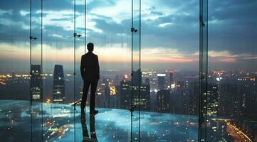 AI generated Confident business manager executive overlooking financial center from corporate office photo