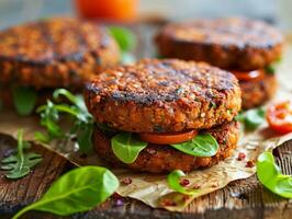 AI generated Fresh tasty organic healthy plant-based beef patties with onion, cheese and vegetables photo