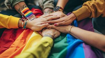 AI generated Diverse people hands over rainbow LGBTQ flag showing love, affection and unity photo