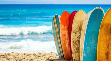 ai generado tablas de surf atascado en el arena en el hermosa playa con Oceano olas en el antecedentes foto