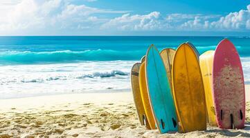 AI generated Surfboards stuck in the sand on the beautiful beach with ocean waves in the background photo