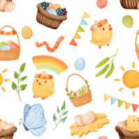 seamless watercolor pattern, chicks, egg baskets garlands butterflies greenery, and the sun, Easter theme. cartoonish style, for applications, textiles, stationery, and festive decorations png
