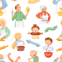 Friendly family. Seamless pattern. Adult children cook lunch with their parents. Watercolor isolated illustrations. men, women, grandmother, grandfather. background png