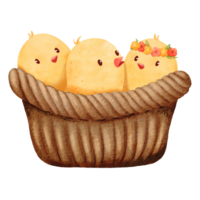 Brown woven basket with adorable little chicks inside. Watercolor illustration with the charm of newborn chicks in a rustic setting. for conveying a heartwarming farm atmosphere. for cards, and prints png