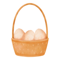 Wooden basket with eggs. Container with a handle, filled with fresh farm produce. Eggs make for a nutritious breakfast, rich in protein. Eco-friendly product. Watercolor isolated illustration png