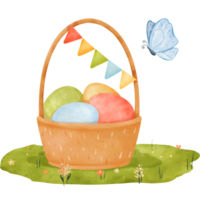 Watercolor composition a woven basket on a grassy meadow. Inside the basket are dyed eggs, adorned with a festive garland and a butterfly. for conveying the joy of spring and Easter. cards and prints png