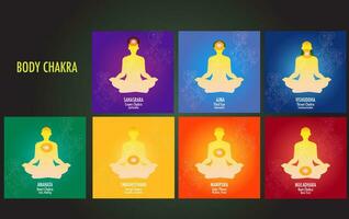 The seven chakras are thought of as the main energy points in your body, which run down the spine. vector