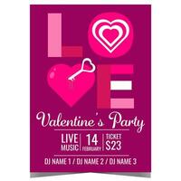 Valentine's Day party invitation to celebrate the Feast of Saint Valentine in romantic ambiance at disco dance club. Valentine's Day celebration poster or banner with a heart and perfect key for it. vector