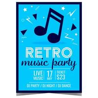 Retro music party invitation poster or banner with dancing music note on the blue background. Vector leaflet or flyer for live music entertainment event  in the nightclub in old vintage style.