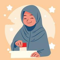 vector illustration of a young muslim girl proudly participating as a voter in the election process