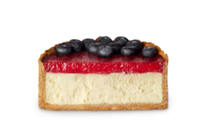 Half of Classic New York cheesecake with strawberry jam decorated with blueberries close up isolated photo on transparent png