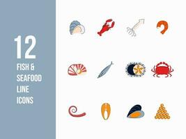 Thin line food icons for web and app. Fish and seafood icon set such as salmon, scallop, oyster, squid and more. Flat simple food vector illustrations.