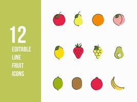 Web thin line food icon set. Colourfull 12 simple minimal fruit vector illustrations such as dragonfruit, pineapple, lychee and more.