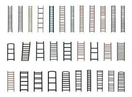 Set Of Wooden And Ladders Vector Illustration On A White Background, Stair Illustration Clip Art Isolated Simple Color.  Ladders Outline Black Color.