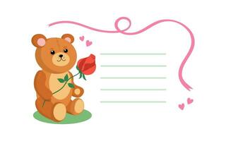 Cute toy bear with a flower. Postcard, flyer layout. A smiling teddy bear with a rose and hearts is sitting. Soft cartoon toy Teddy Bear brown. Valentine's Day, love. Vector illustration