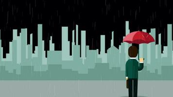 Sad Person Looking City Rainy Weather On Alpha Channel video