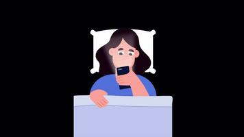 joven niña utilizar teléfono antes de dormir en dormitorio en alfa canal video