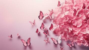 AI generated Blossoming sakura flowers and flying butterfly against beautiful background macro in wildlife, soft focus. Elegant artistic image nature scene beauty of environment. Generative AI photo